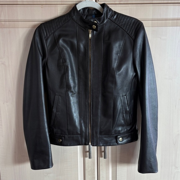 Cole Haan Jackets & Blazers - Beautiful Cole Haan Chocolate Brown Leather Jacket with Quilted Shoulders NWOT